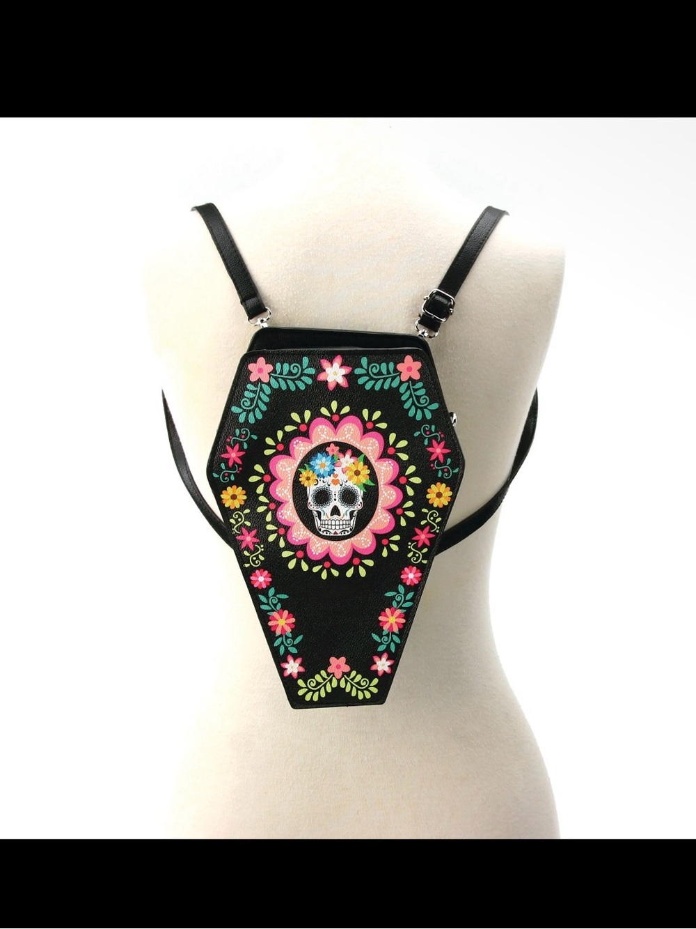 Black Floral Sugar Skull Coffin Crossbody Bag - Picture 3 of 3